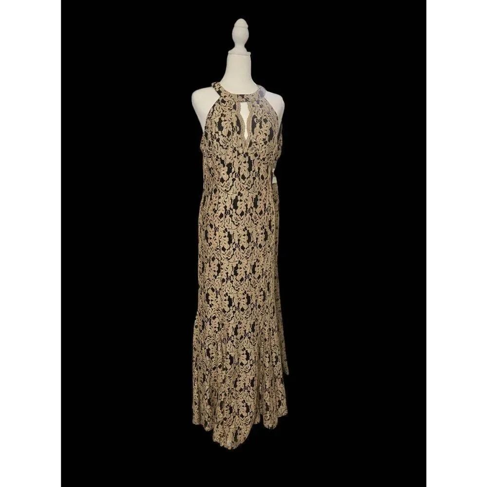 Nightway Women's Size 14 Black/Gold Lace/Brocade Trumpet/Mermaid Gown